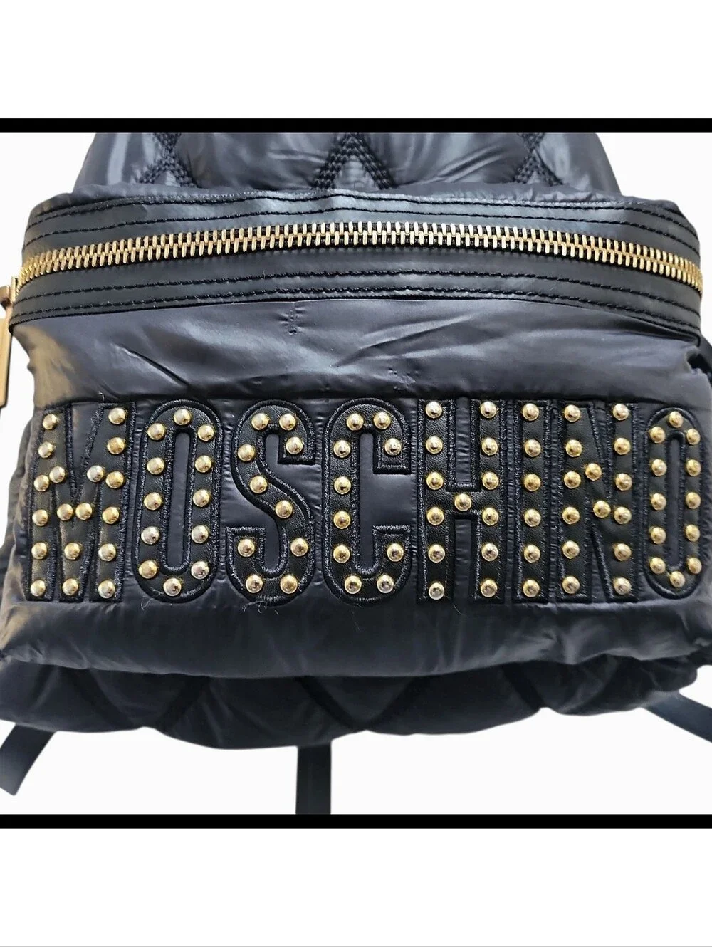 MOSCHINO Quilted Stitch Logo Backpack Gold Studded Hardware Key Ring Nylon Black